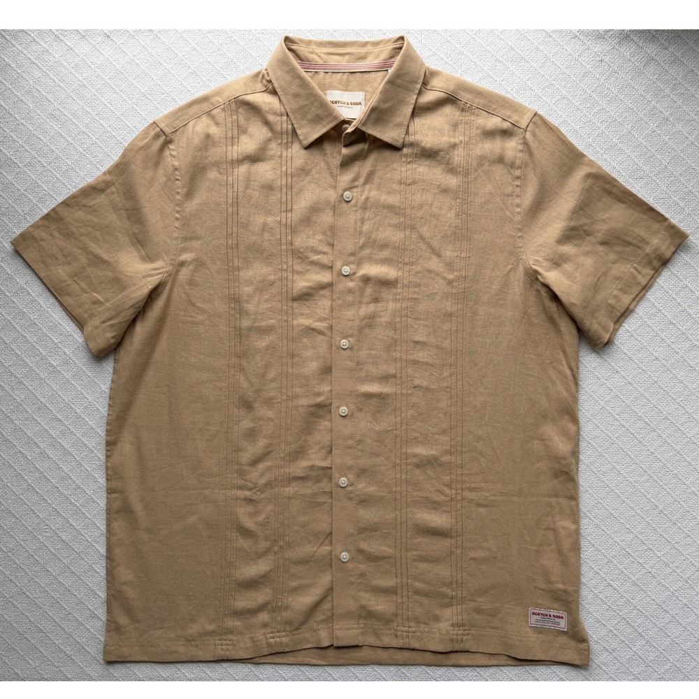 Scotch & Soda Tan Linen Blend Pintuck Pleated Short Sleeve Shirt Mens Large - Picture 4 of 9